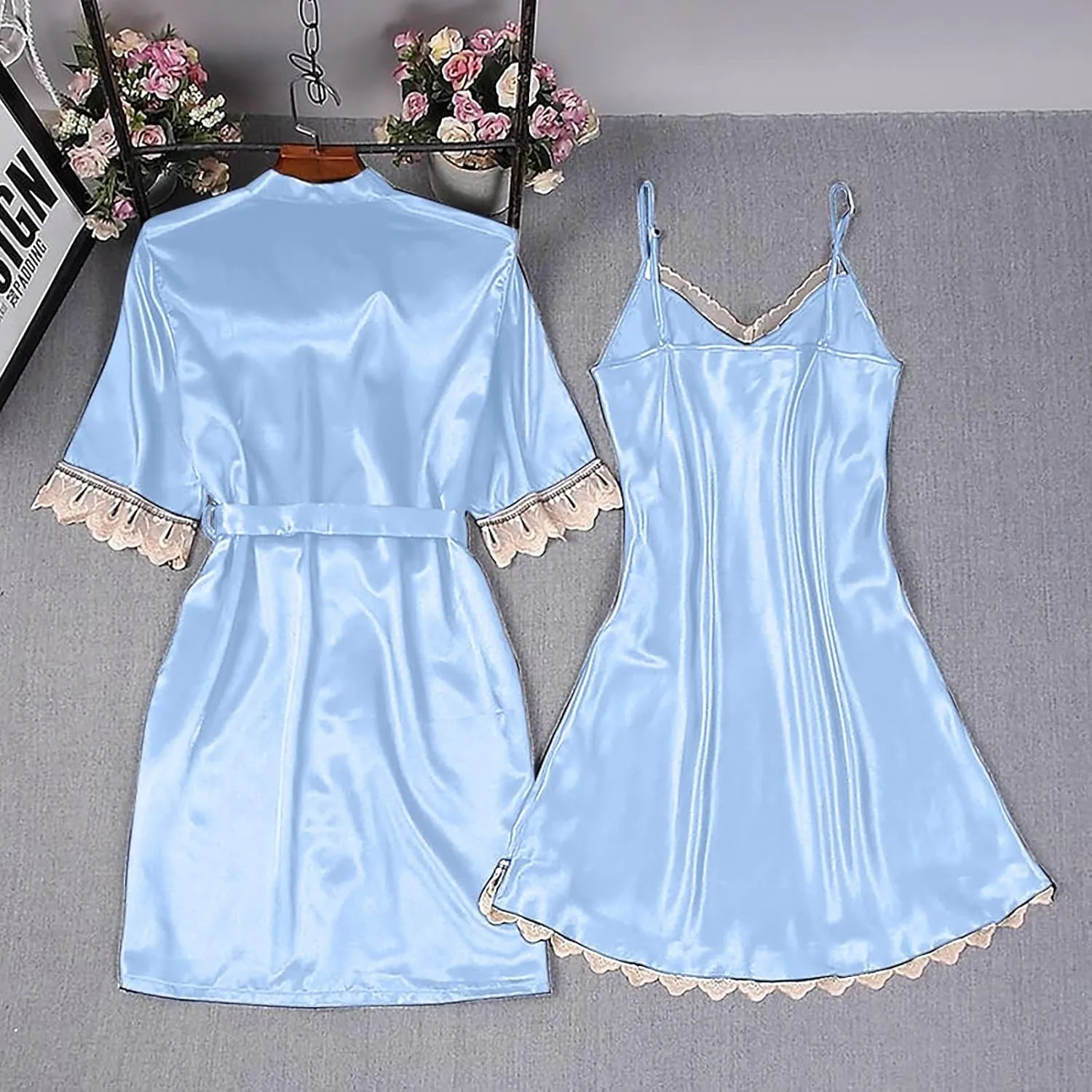 Women's Sexy Lingerie 2-Piece Garter Lingerie Set Robes Lace Bodysuit Deep-V Neck Underwear Cotton Nightgown