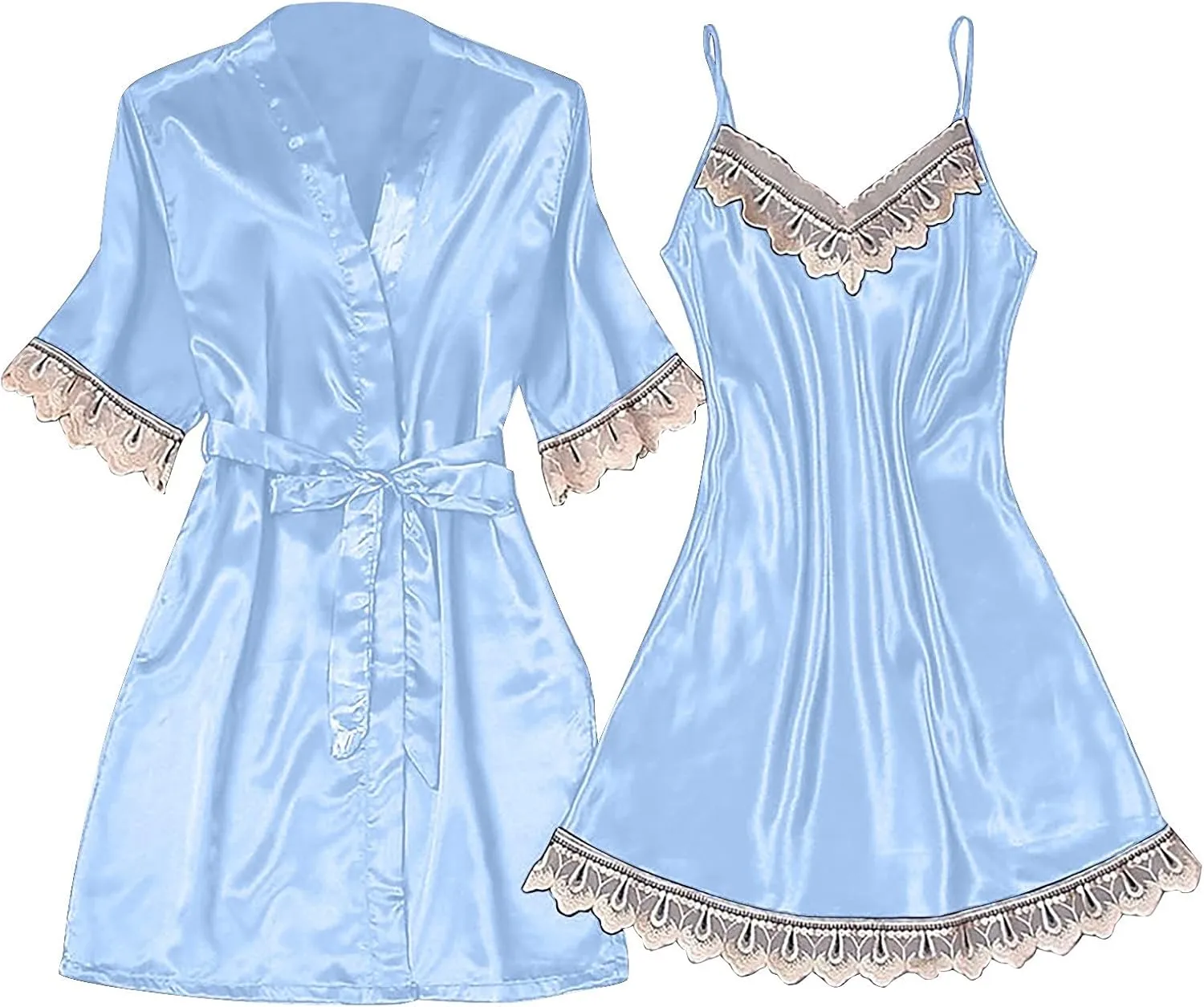 Women's Sexy Lingerie 2-Piece Garter Lingerie Set Robes Lace Bodysuit Deep-V Neck Underwear Cotton Nightgown
