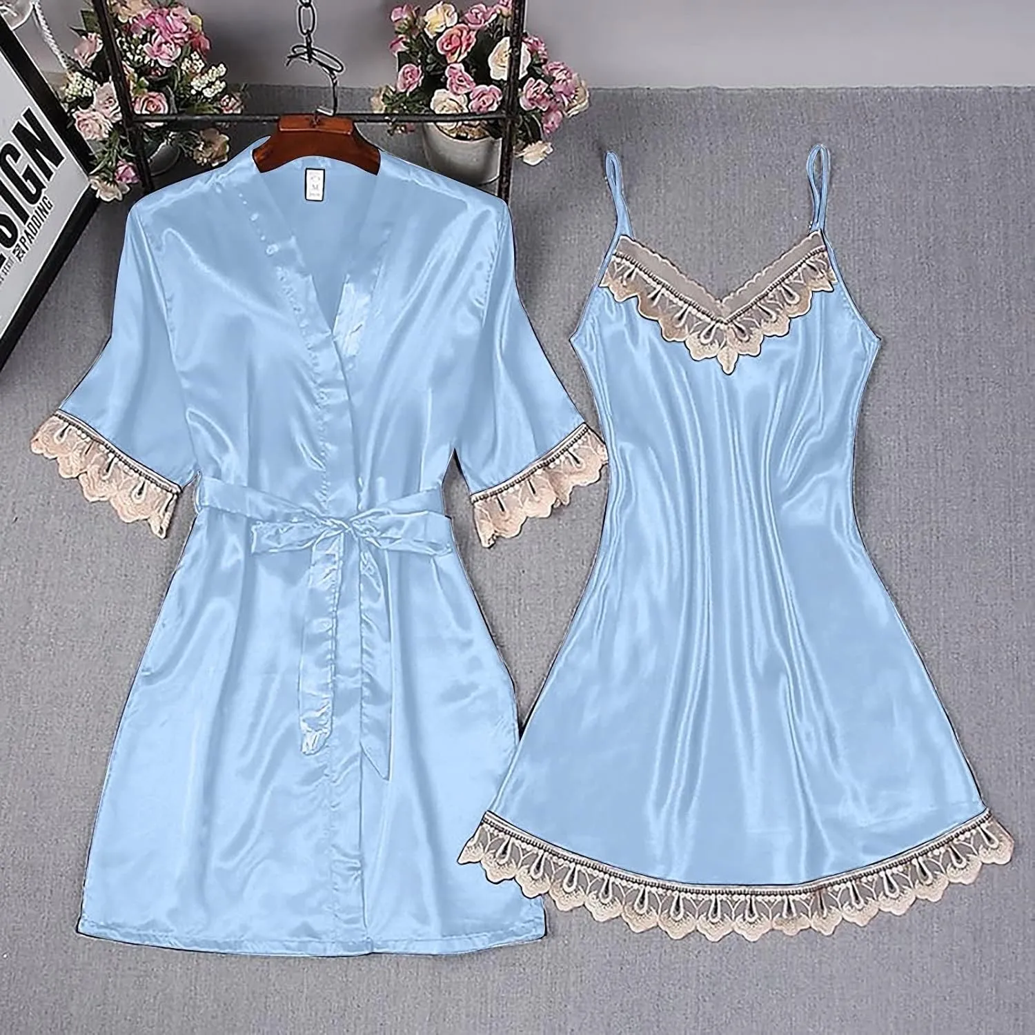 Women's Sexy Lingerie 2-Piece Garter Lingerie Set Robes Lace Bodysuit Deep-V Neck Underwear Cotton Nightgown