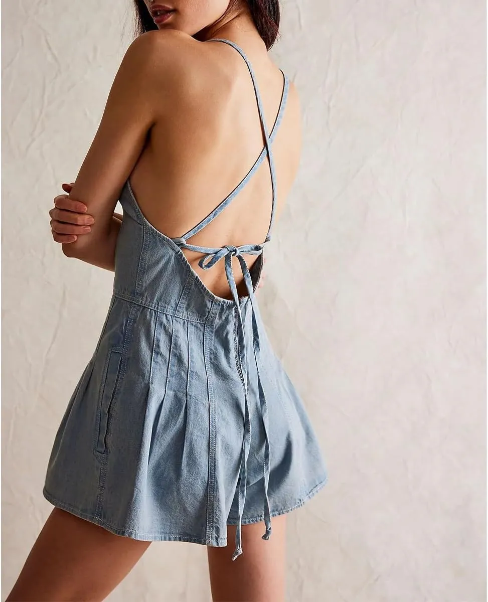 Women's Sexy Spaghetti Straps Denim Short Jumpsuit High Waist Deep V-Neck Backless Lace Up Jean Romper