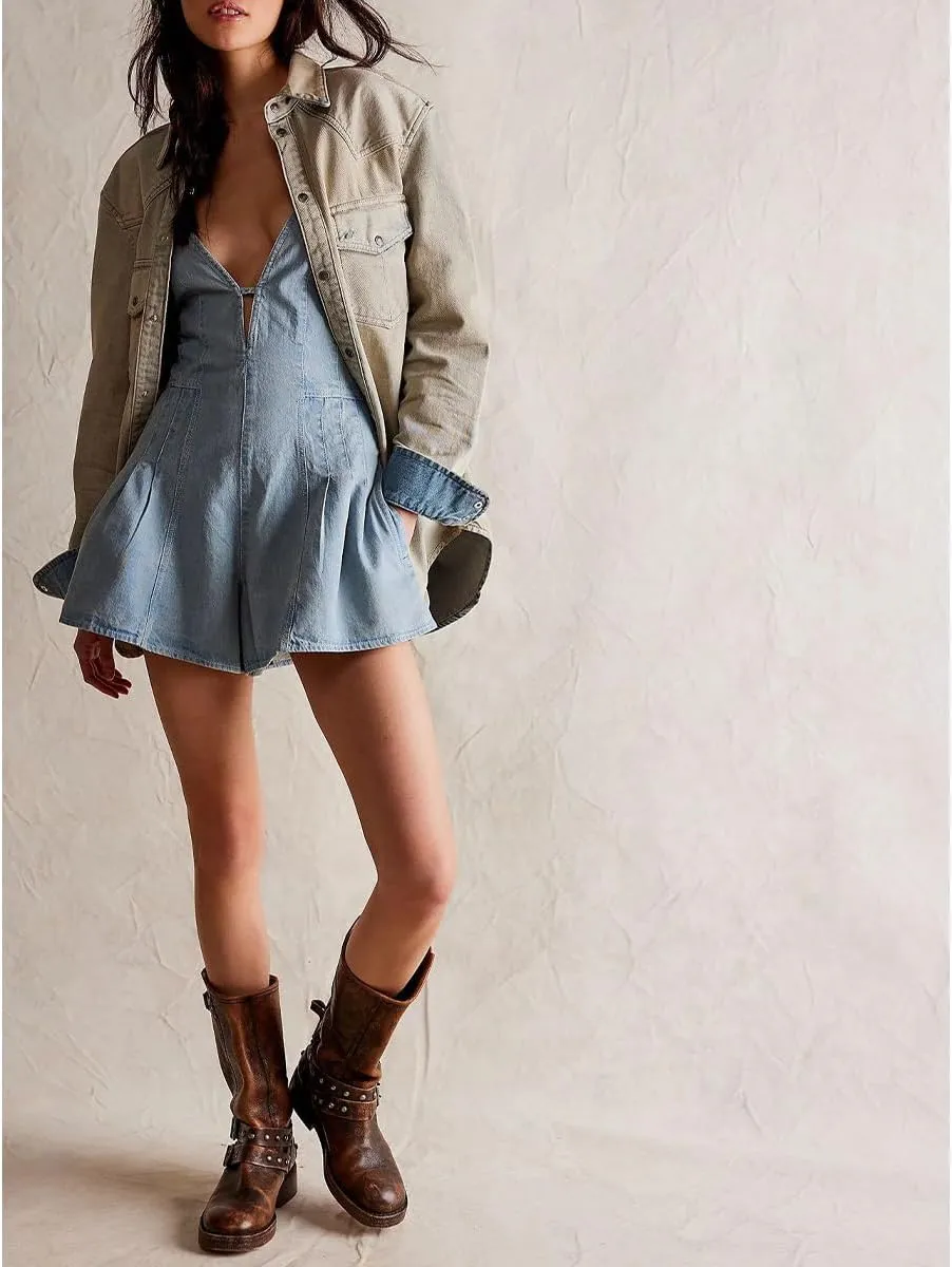 Women's Sexy Spaghetti Straps Denim Short Jumpsuit High Waist Deep V-Neck Backless Lace Up Jean Romper
