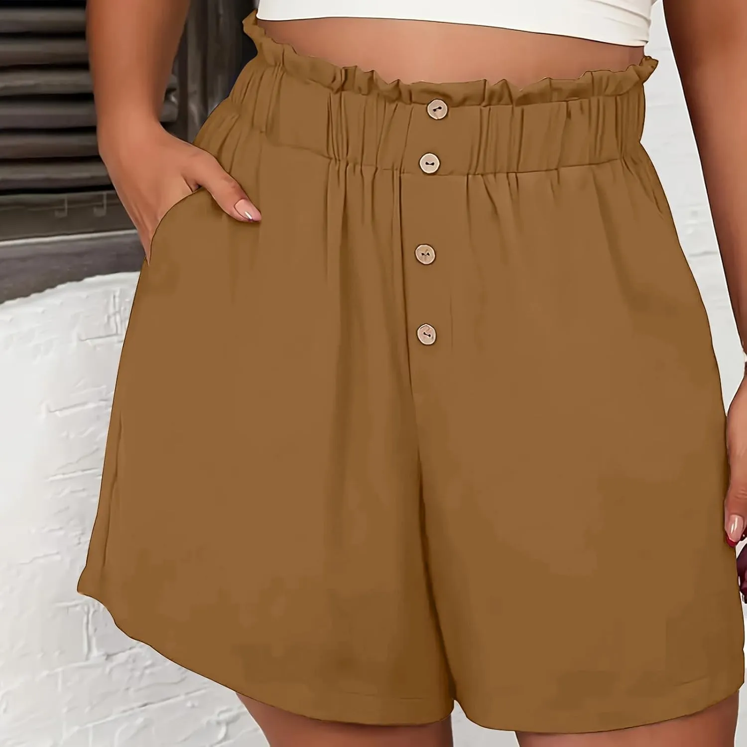 Womens Shorts Dressy Casual High Waisted Wide Leg Tailored Short Pants Smocked Pleated Summer Shorts with Pockets