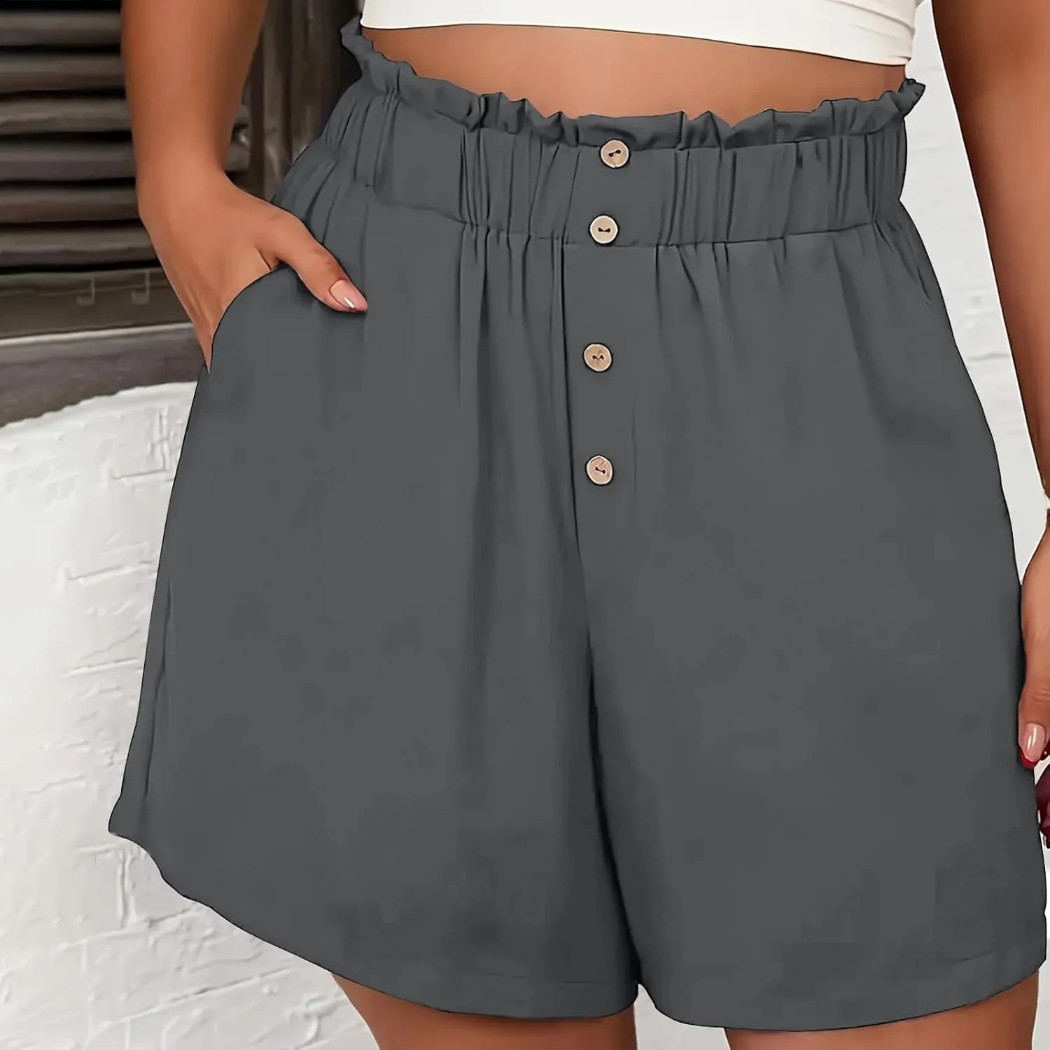 Womens Shorts Dressy Casual High Waisted Wide Leg Tailored Short Pants Smocked Pleated Summer Shorts with Pockets