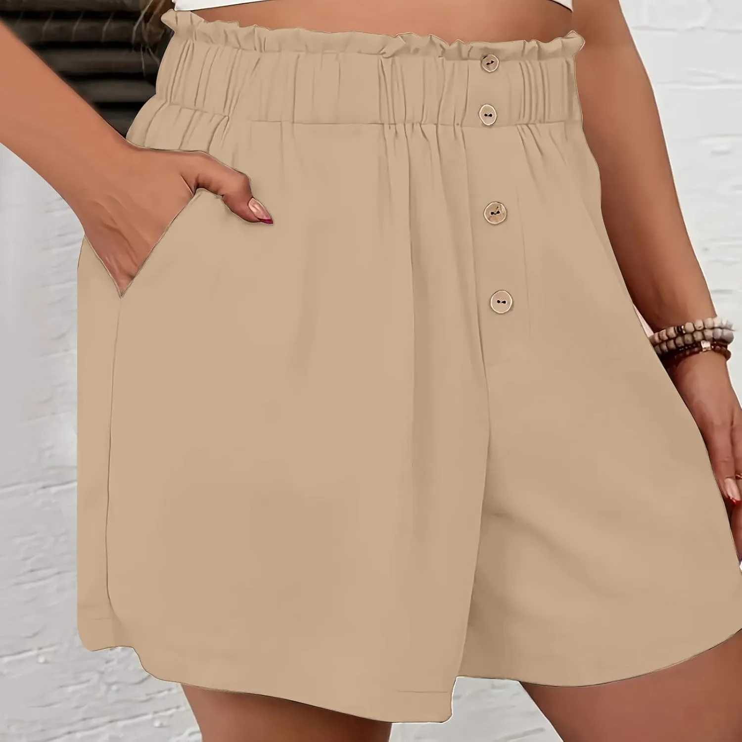 Womens Shorts Dressy Casual High Waisted Wide Leg Tailored Short Pants Smocked Pleated Summer Shorts with Pockets