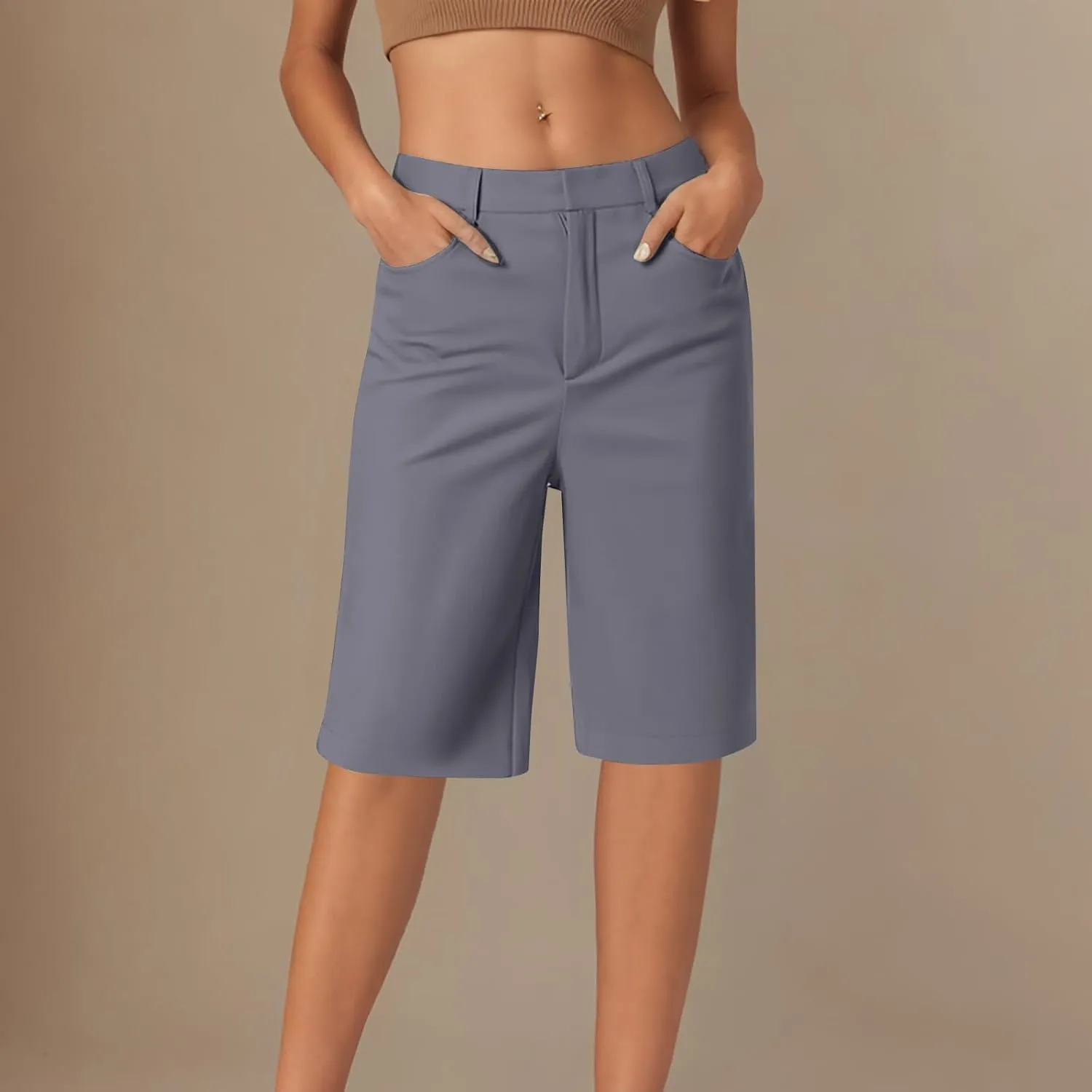 Womens Shorts Dressy High Waist Straight Leg Tailored Shorts Business Casual Work Trouser Bermuda Shorts with Pocket