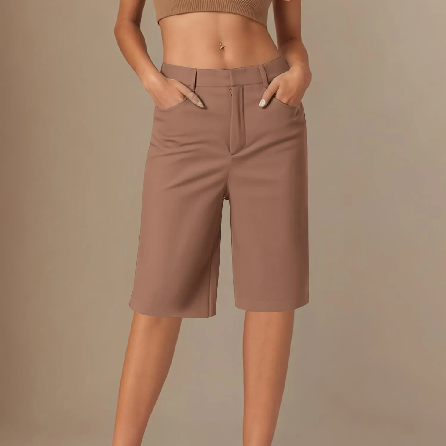 Womens Shorts Dressy High Waist Straight Leg Tailored Shorts Business Casual Work Trouser Bermuda Shorts with Pocket