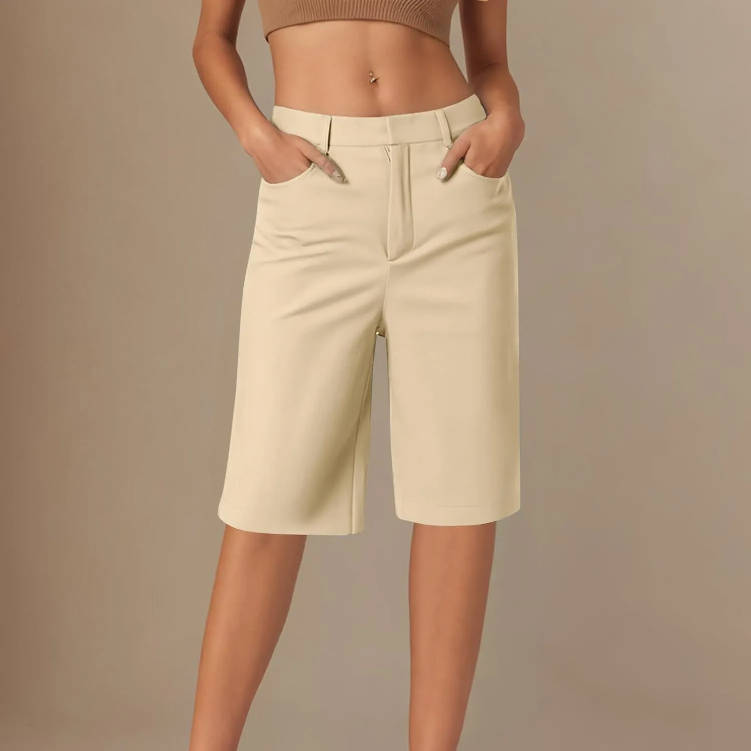 Womens Shorts Dressy High Waist Straight Leg Tailored Shorts Business Casual Work Trouser Bermuda Shorts with Pocket