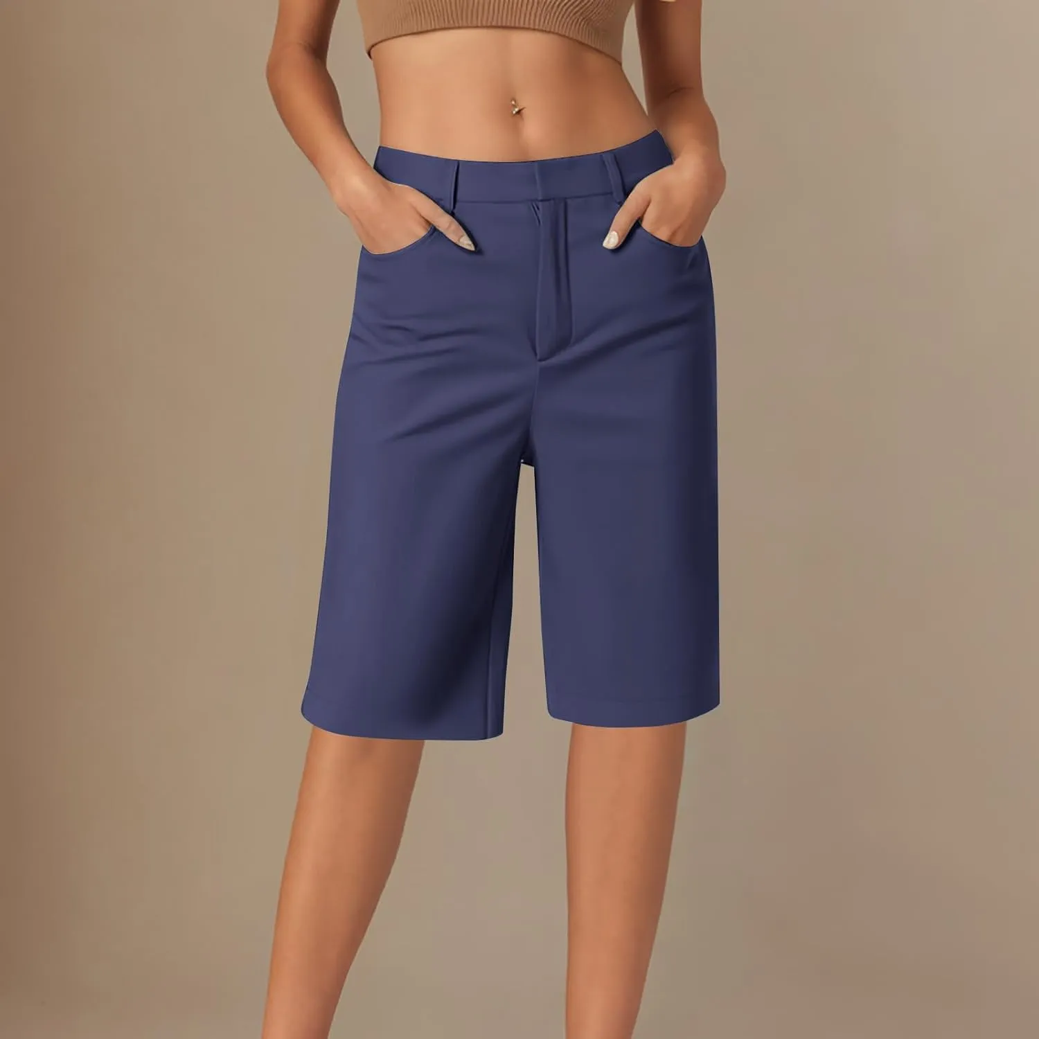Womens Shorts Dressy High Waist Straight Leg Tailored Shorts Business Casual Work Trouser Bermuda Shorts with Pocket