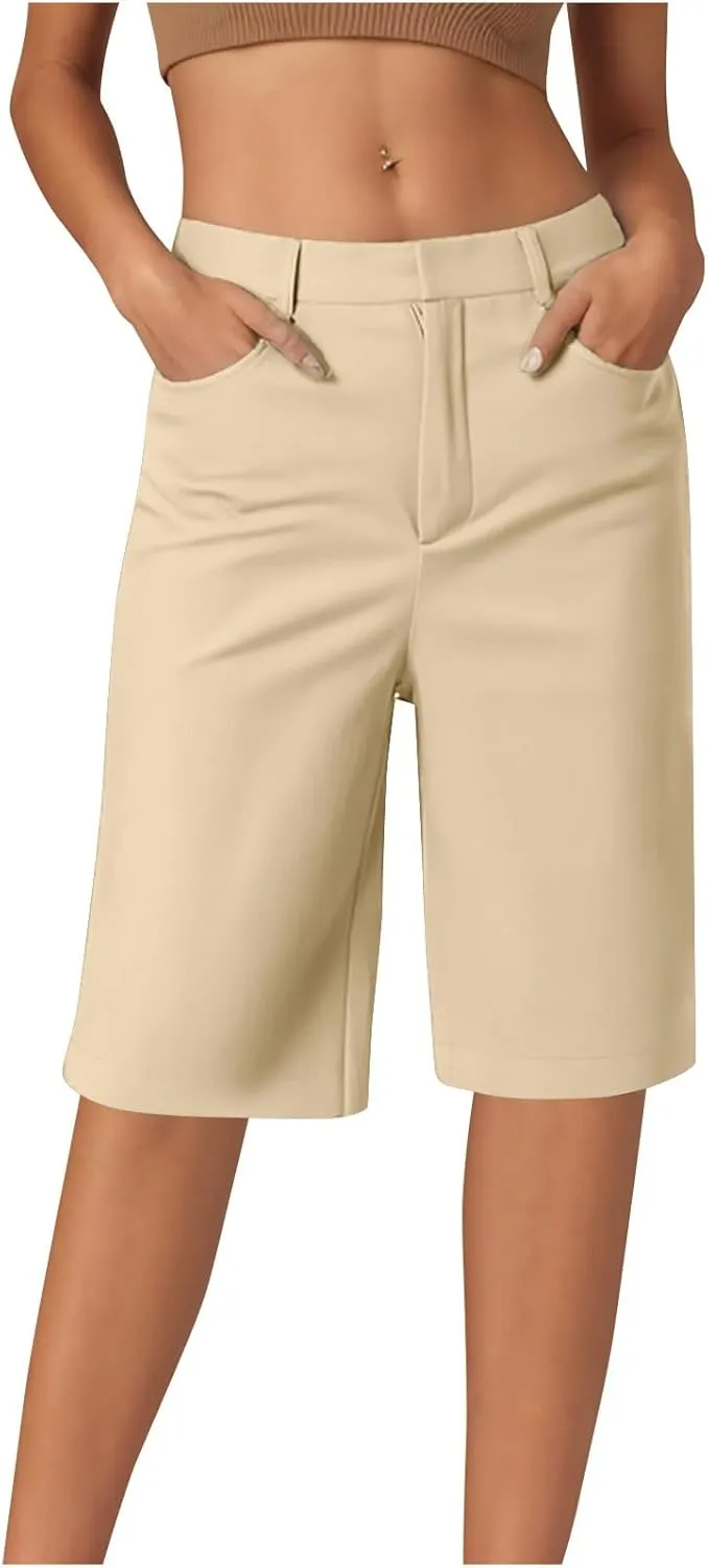 Womens Shorts Dressy High Waist Straight Leg Tailored Shorts Business Casual Work Trouser Bermuda Shorts with Pocket