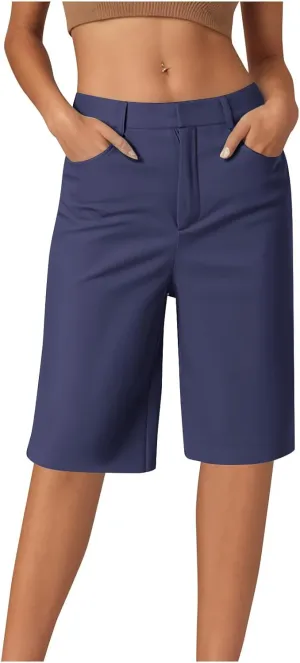 Womens Shorts Dressy High Waist Straight Leg Tailored Shorts Business Casual Work Trouser Bermuda Shorts with Pocket