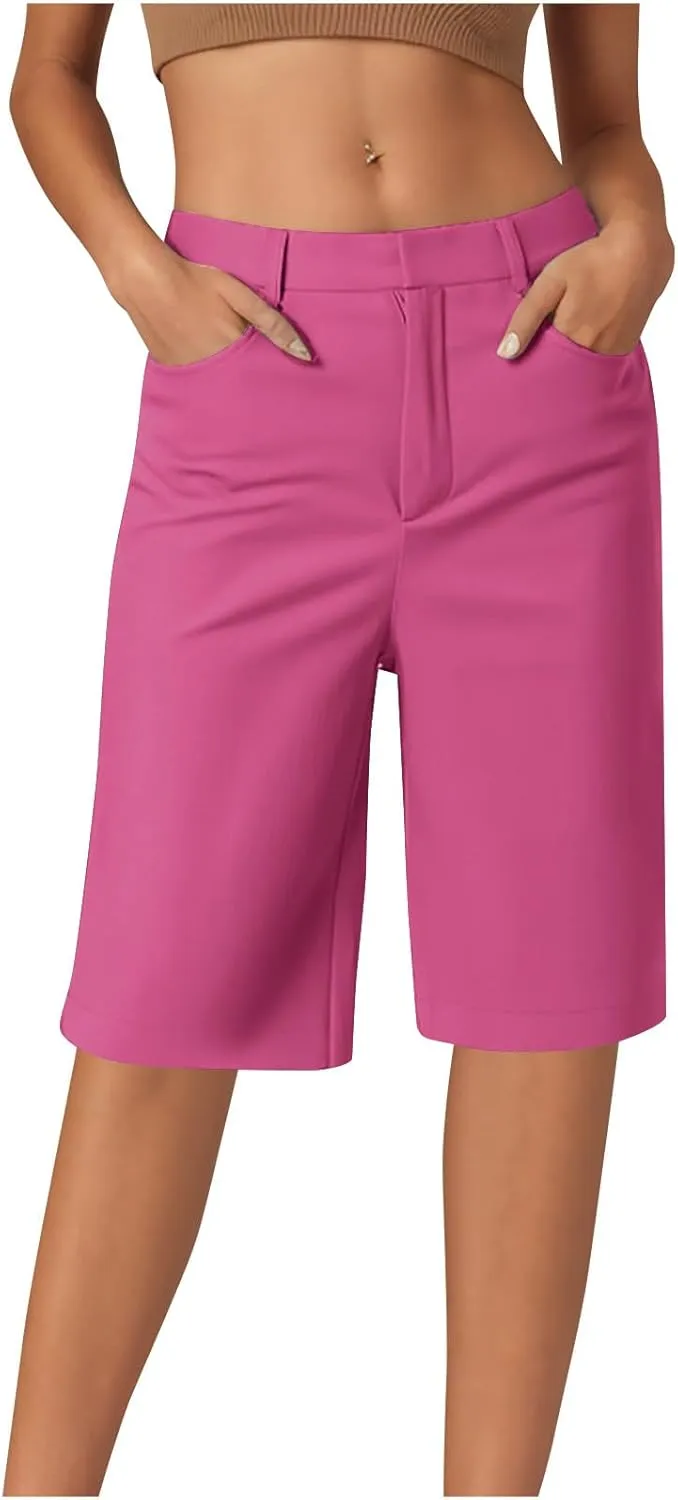 Womens Shorts Dressy High Waist Straight Leg Tailored Shorts Business Casual Work Trouser Bermuda Shorts with Pocket
