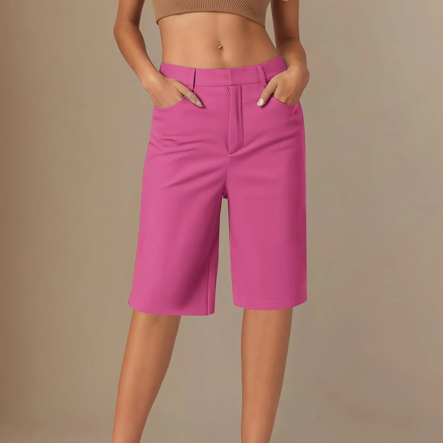 Womens Shorts Dressy High Waist Straight Leg Tailored Shorts Business Casual Work Trouser Bermuda Shorts with Pocket