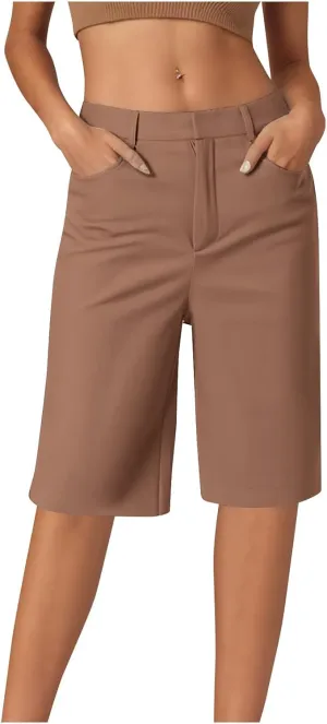 Womens Shorts Dressy High Waist Straight Leg Tailored Shorts Business Casual Work Trouser Bermuda Shorts with Pocket