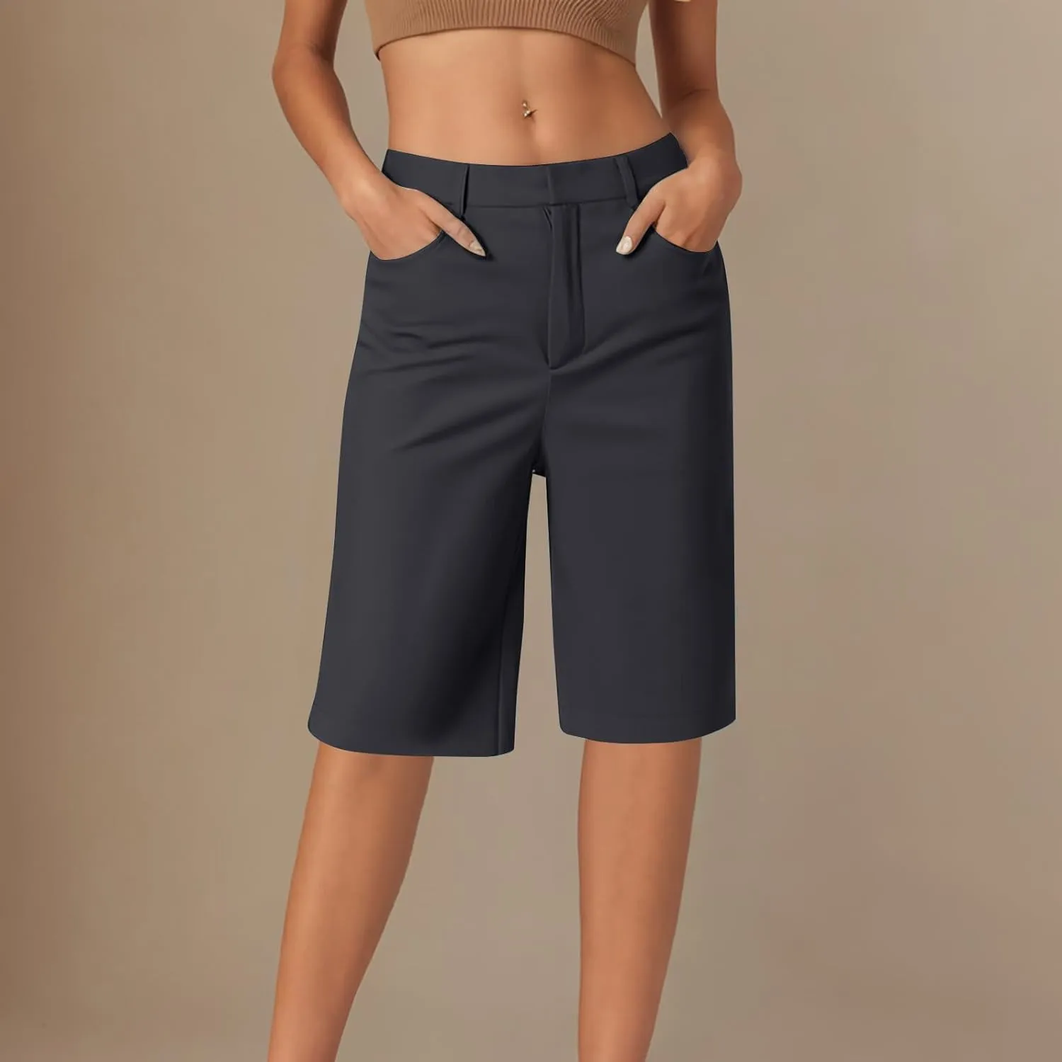 Womens Shorts Dressy High Waist Straight Leg Tailored Shorts Business Casual Work Trouser Bermuda Shorts with Pocket