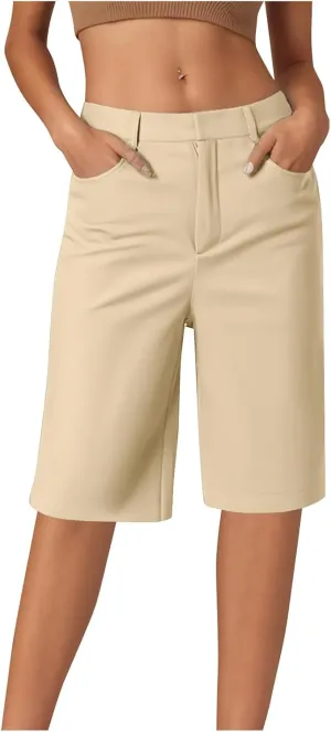 Womens Shorts Dressy High Waist Straight Leg Tailored Shorts Business Casual Work Trouser Bermuda Shorts with Pocket