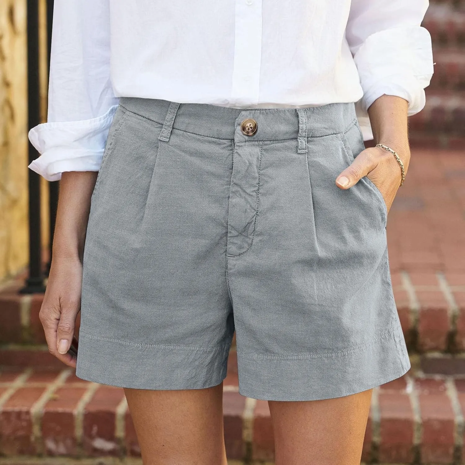 Womens Shorts Dressy High Waisted Wide Leg Tailored Pleated Business Casual Work Trouser Shorts Without Belts