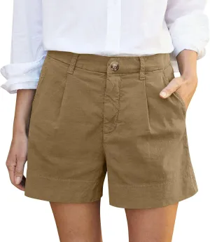 Womens Shorts Dressy High Waisted Wide Leg Tailored Pleated Business Casual Work Trouser Shorts Without Belts