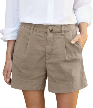 Womens Shorts Dressy High Waisted Wide Leg Tailored Pleated Business Casual Work Trouser Shorts Without Belts