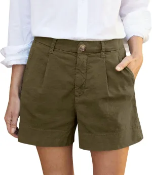 Womens Shorts Dressy High Waisted Wide Leg Tailored Pleated Business Casual Work Trouser Shorts Without Belts