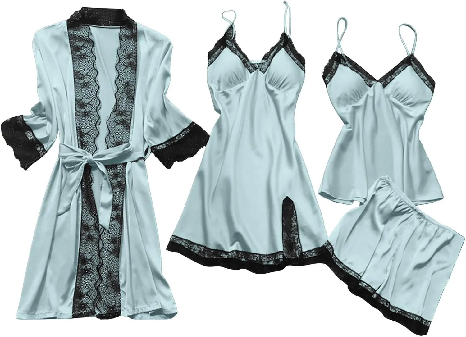 Women's Silk Lingerie Pajamas 4 Piece Set Lace-Trim Belted Robe Camisole Dress Sleepshirts Shorts Suit Sexy Sleepwear