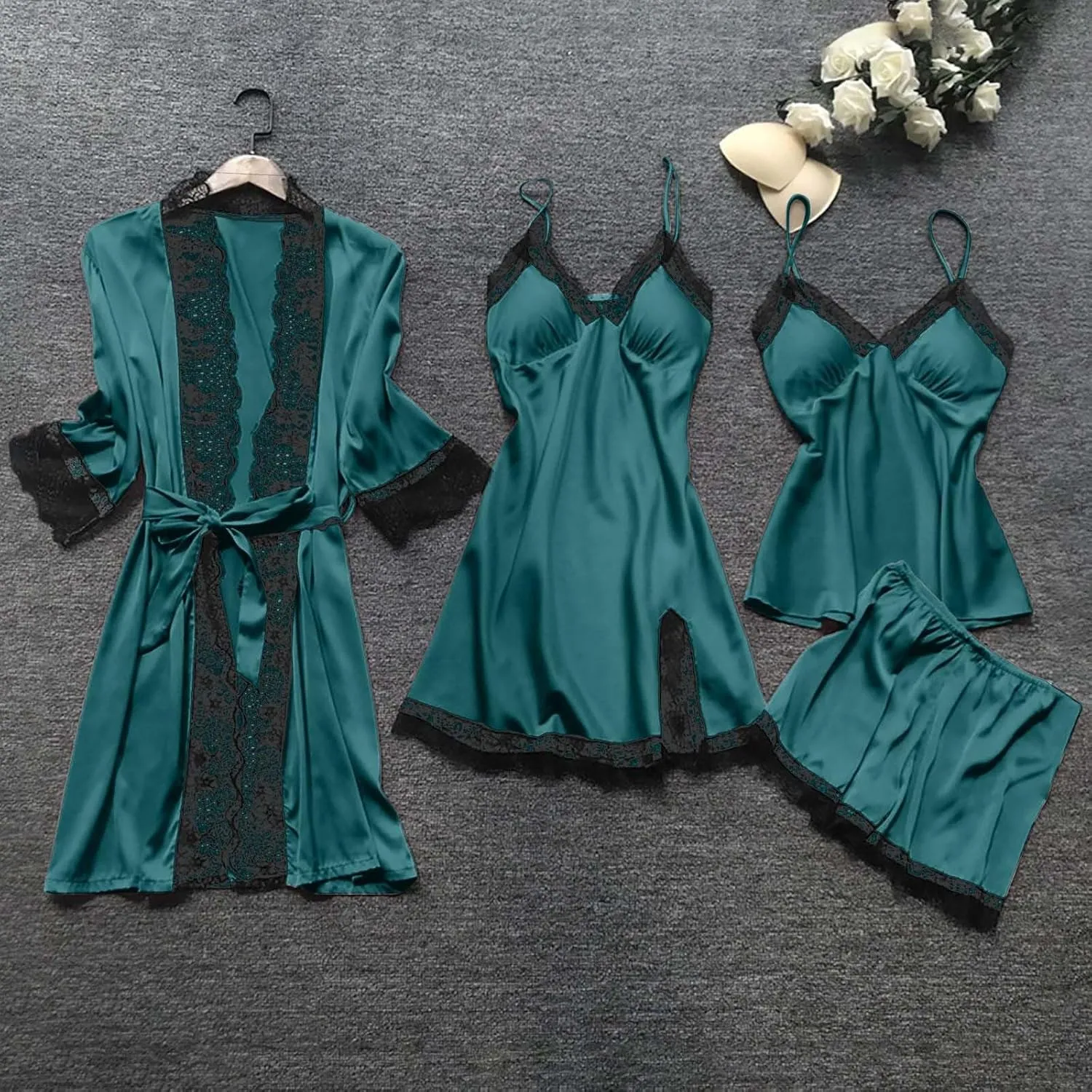 Women's Silk Lingerie Pajamas 4 Piece Set Lace-Trim Belted Robe Camisole Dress Sleepshirts Shorts Suit Sexy Sleepwear