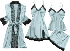 Women's Silk Lingerie Pajamas 4 Piece Set Lace-Trim Belted Robe Camisole Dress Sleepshirts Shorts Suit Sexy Sleepwear