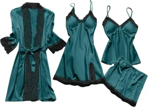 Women's Silk Lingerie Pajamas 4 Piece Set Lace-Trim Belted Robe Camisole Dress Sleepshirts Shorts Suit Sexy Sleepwear