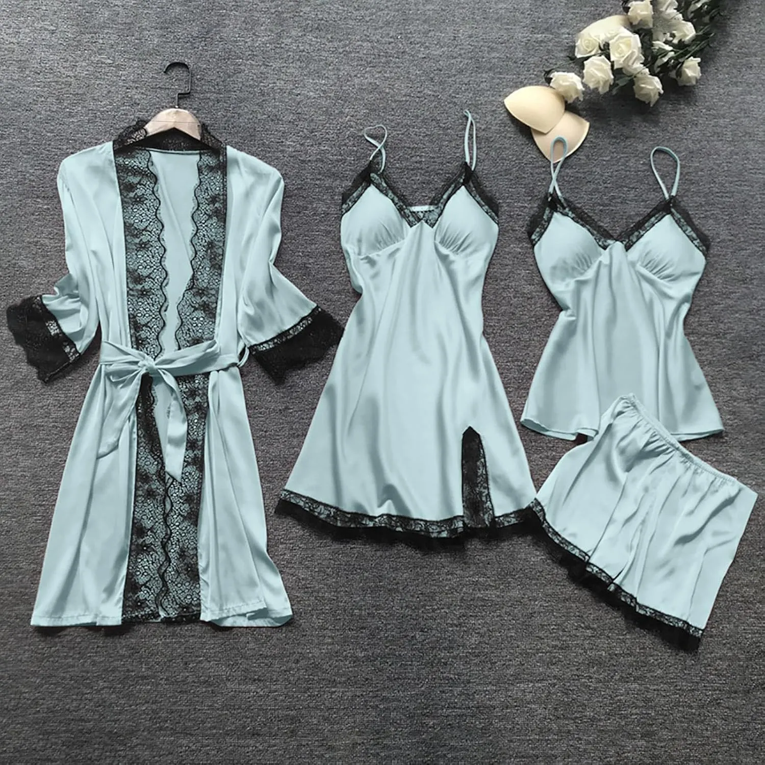 Women's Silk Lingerie Pajamas 4 Piece Set Lace-Trim Belted Robe Camisole Dress Sleepshirts Shorts Suit Sexy Sleepwear