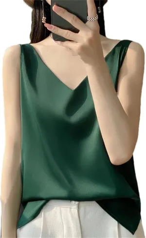 Women's Silk Satin Tank Top  V-Neck Sleeveless Camisole Sexy Strappy Summer Blouse Lightweight T-Shirt Vest