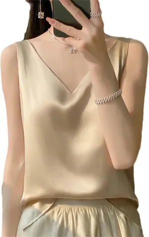 Women's Silk Satin Tank Top  V-Neck Sleeveless Camisole Sexy Strappy Summer Blouse Lightweight T-Shirt Vest