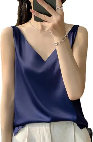 Women's Silk Satin Tank Top  V-Neck Sleeveless Camisole Sexy Strappy Summer Blouse Lightweight T-Shirt Vest