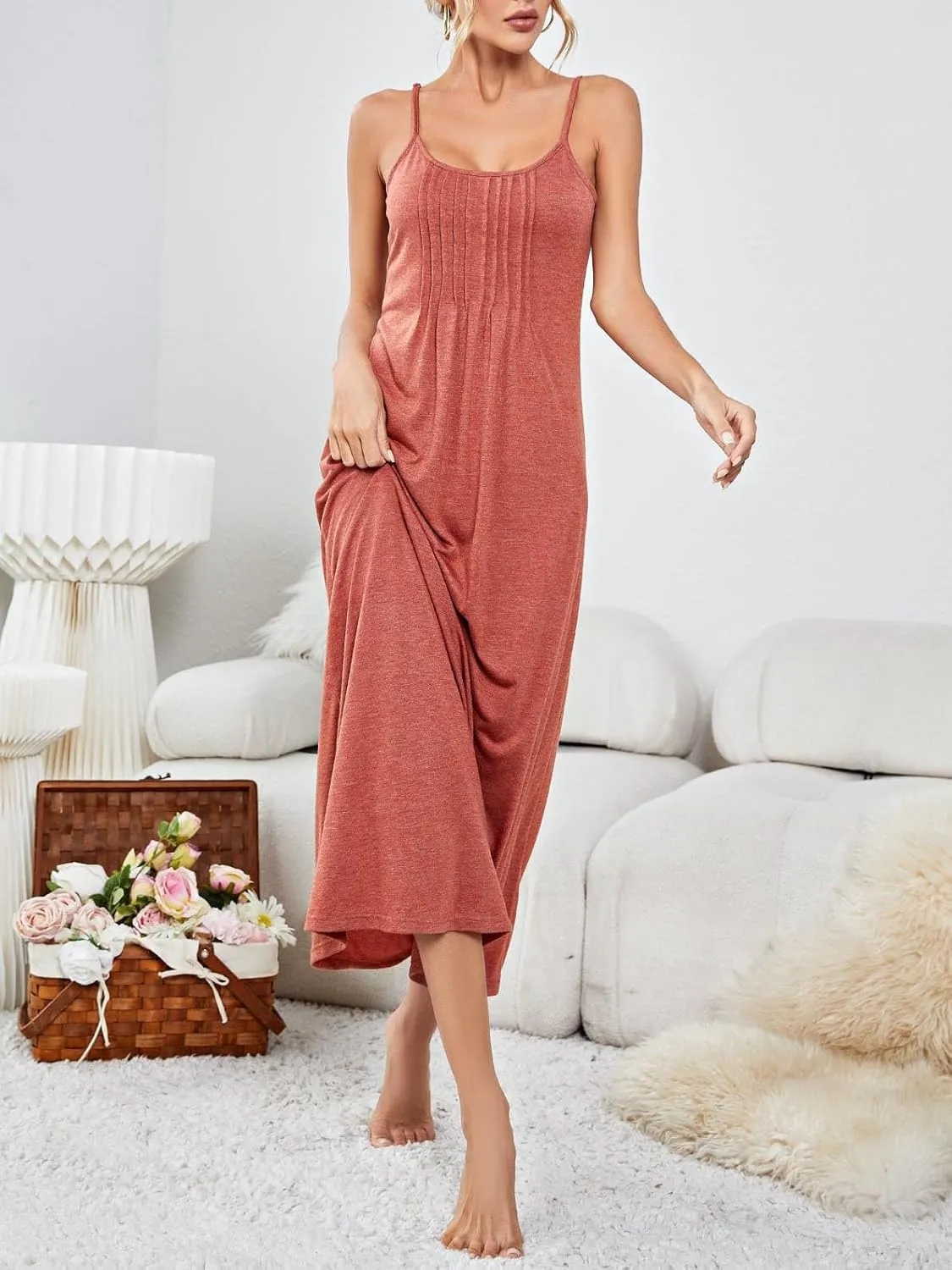 Womens Sleeveless Long Nightgowns Spaghetti Strap Nightdress Cami Full Slip Sleep Dress