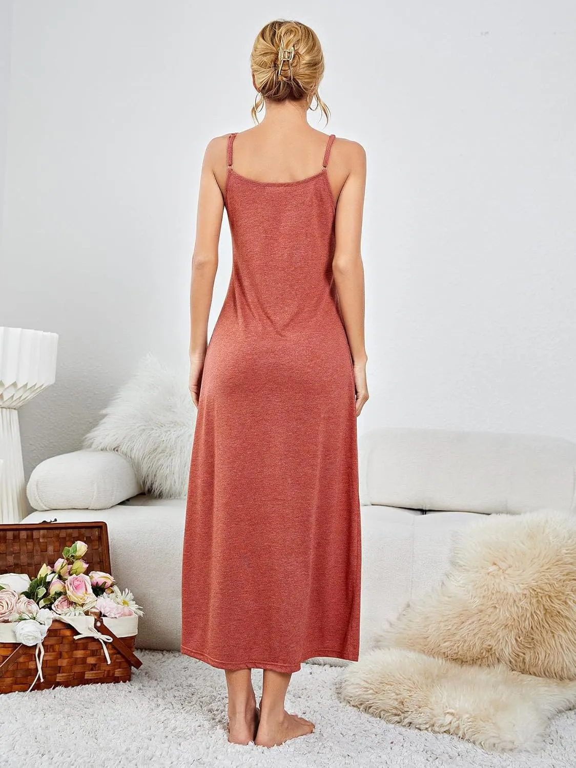 Womens Sleeveless Long Nightgowns Spaghetti Strap Nightdress Cami Full Slip Sleep Dress