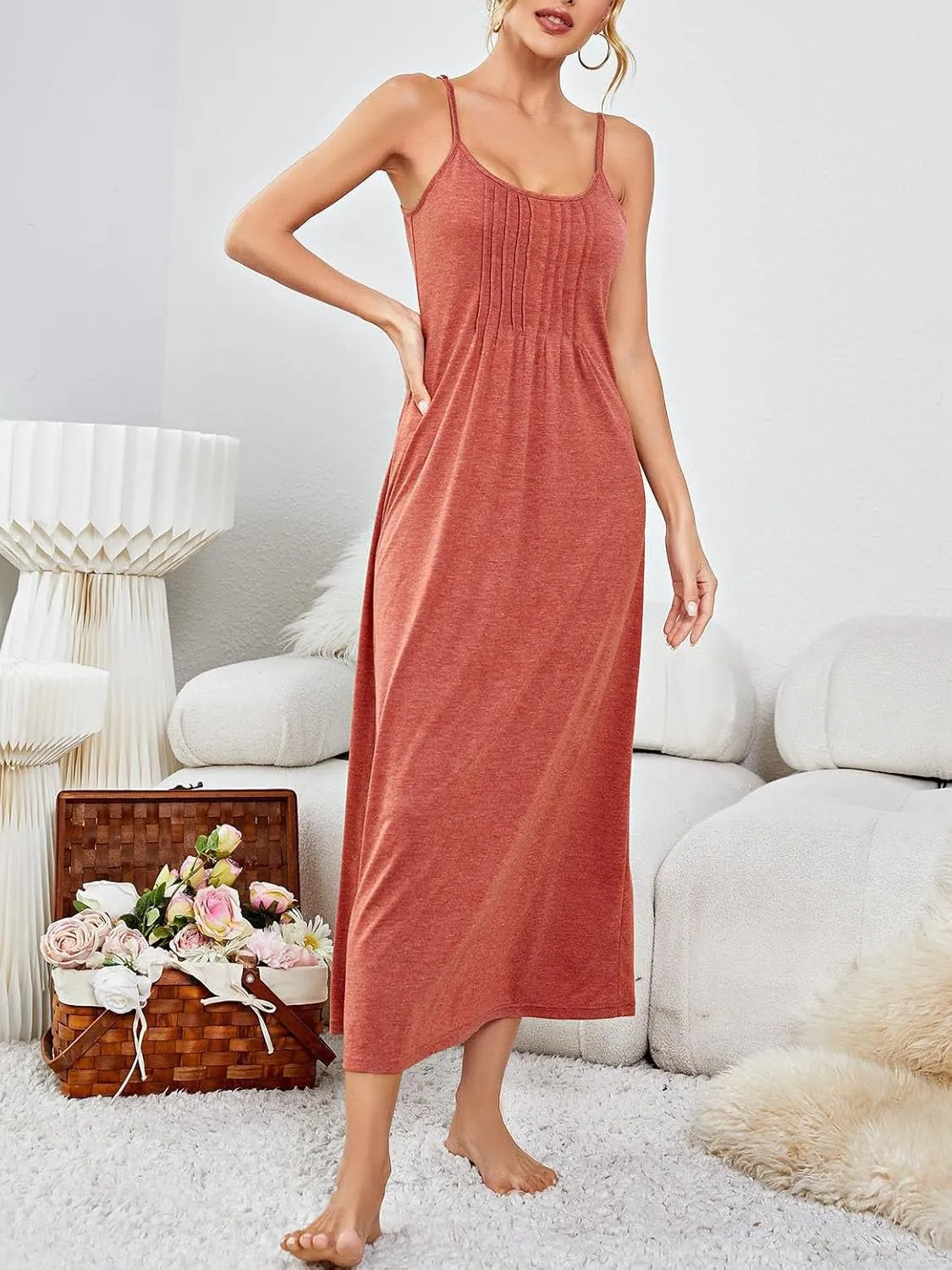 Womens Sleeveless Long Nightgowns Spaghetti Strap Nightdress Cami Full Slip Sleep Dress