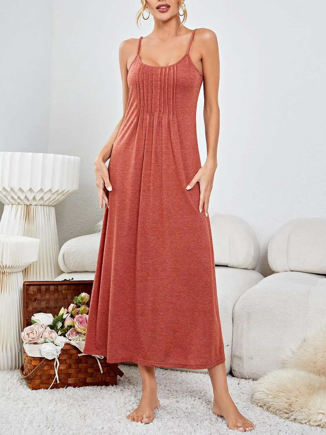 Womens Sleeveless Long Nightgowns Spaghetti Strap Nightdress Cami Full Slip Sleep Dress