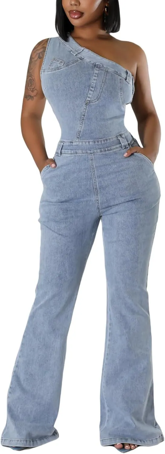 Women's Sleeveless One Shoulder Denim Jumpsuit Flare Leg Slim Fit Stretch Blue Jean Jumper Long Romper Pants