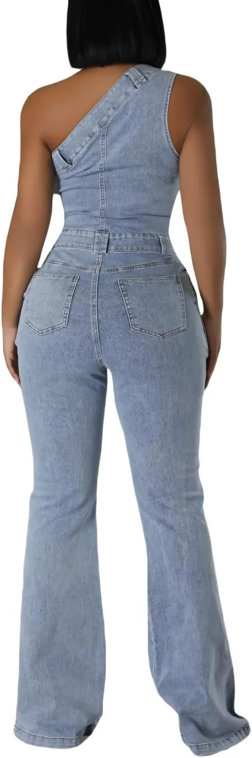 Women's Sleeveless One Shoulder Denim Jumpsuit Flare Leg Slim Fit Stretch Blue Jean Jumper Long Romper Pants