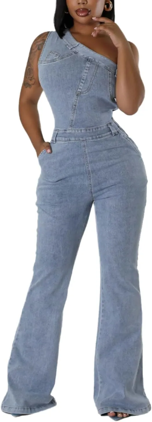 Women's Sleeveless One Shoulder Denim Jumpsuit Flare Leg Slim Fit Stretch Blue Jean Jumper Long Romper Pants