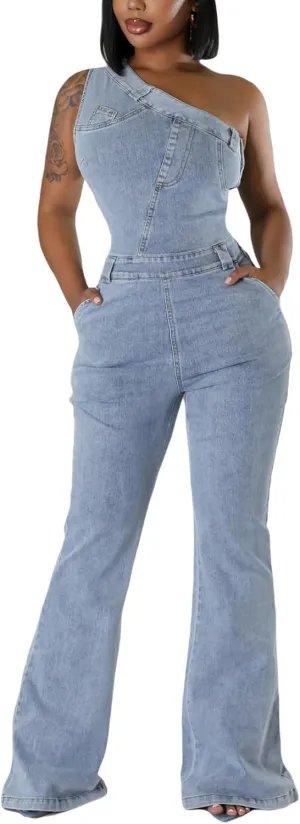 Women's Sleeveless One Shoulder Denim Jumpsuit Flare Leg Slim Fit Stretch Blue Jean Jumper Long Romper Pants