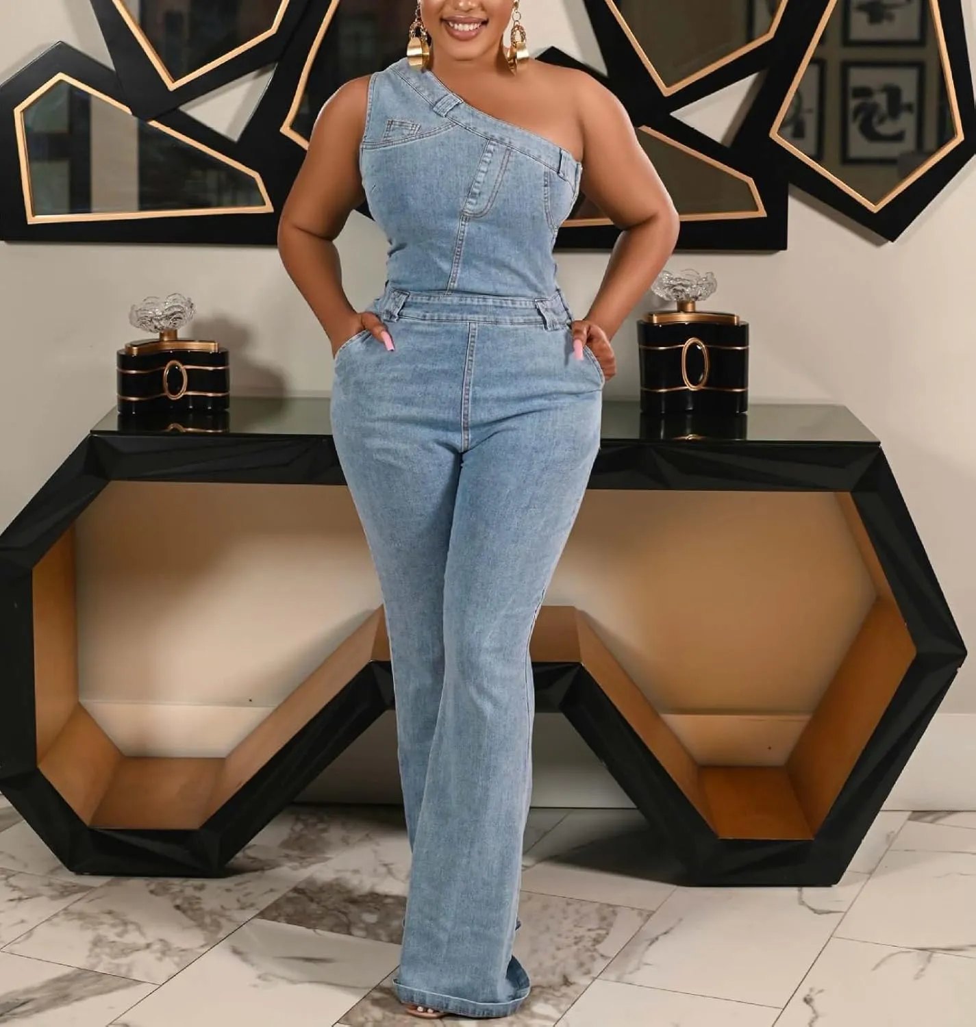 Women's Sleeveless One Shoulder Denim Jumpsuit Flare Leg Slim Fit Stretch Blue Jean Jumper Long Romper Pants