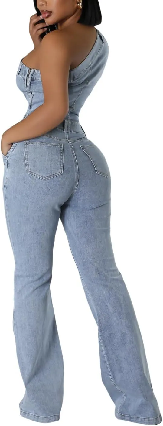 Women's Sleeveless One Shoulder Denim Jumpsuit Flare Leg Slim Fit Stretch Blue Jean Jumper Long Romper Pants
