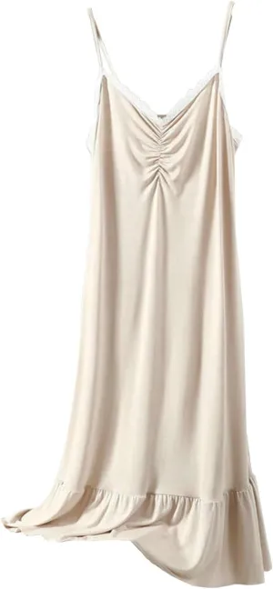 Womens Slip Nightgowns Spaghetti Strap Smocked Nightdress Ruffle Hem Lounge Sleepwear Lace Trim Soft House Dress