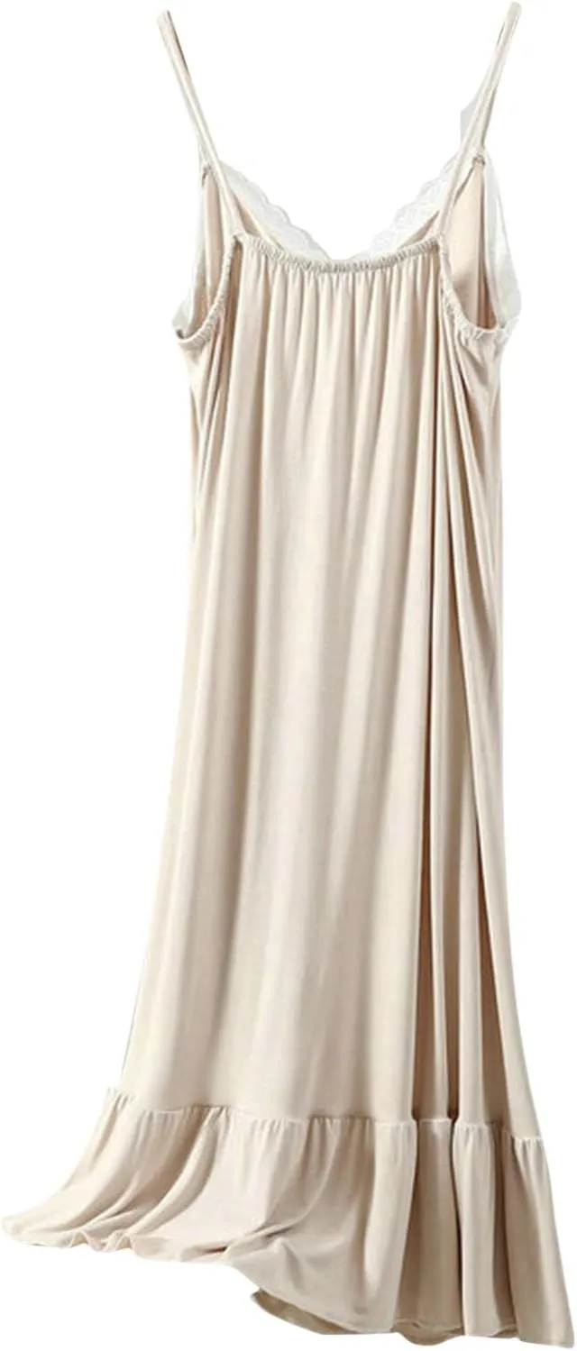 Womens Slip Nightgowns Spaghetti Strap Smocked Nightdress Ruffle Hem Lounge Sleepwear Lace Trim Soft House Dress