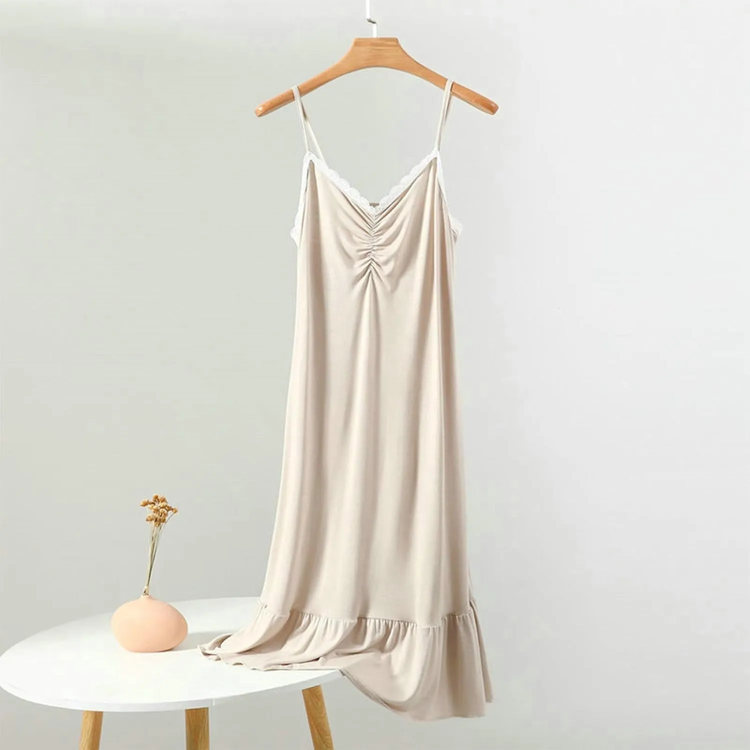 Womens Slip Nightgowns Spaghetti Strap Smocked Nightdress Ruffle Hem Lounge Sleepwear Lace Trim Soft House Dress