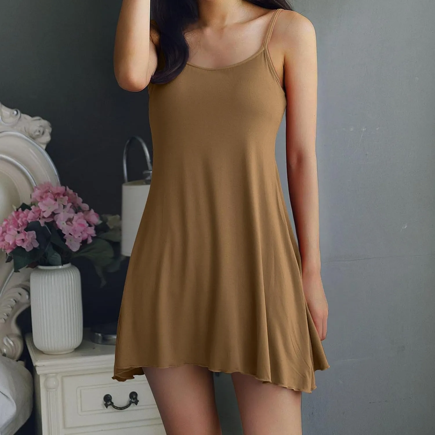 Womens Spaghetti Strap Nightgown Full Slip Sleep Dress with Built in Bra Sleepwear Sexy Soft Nighties Cami Dress