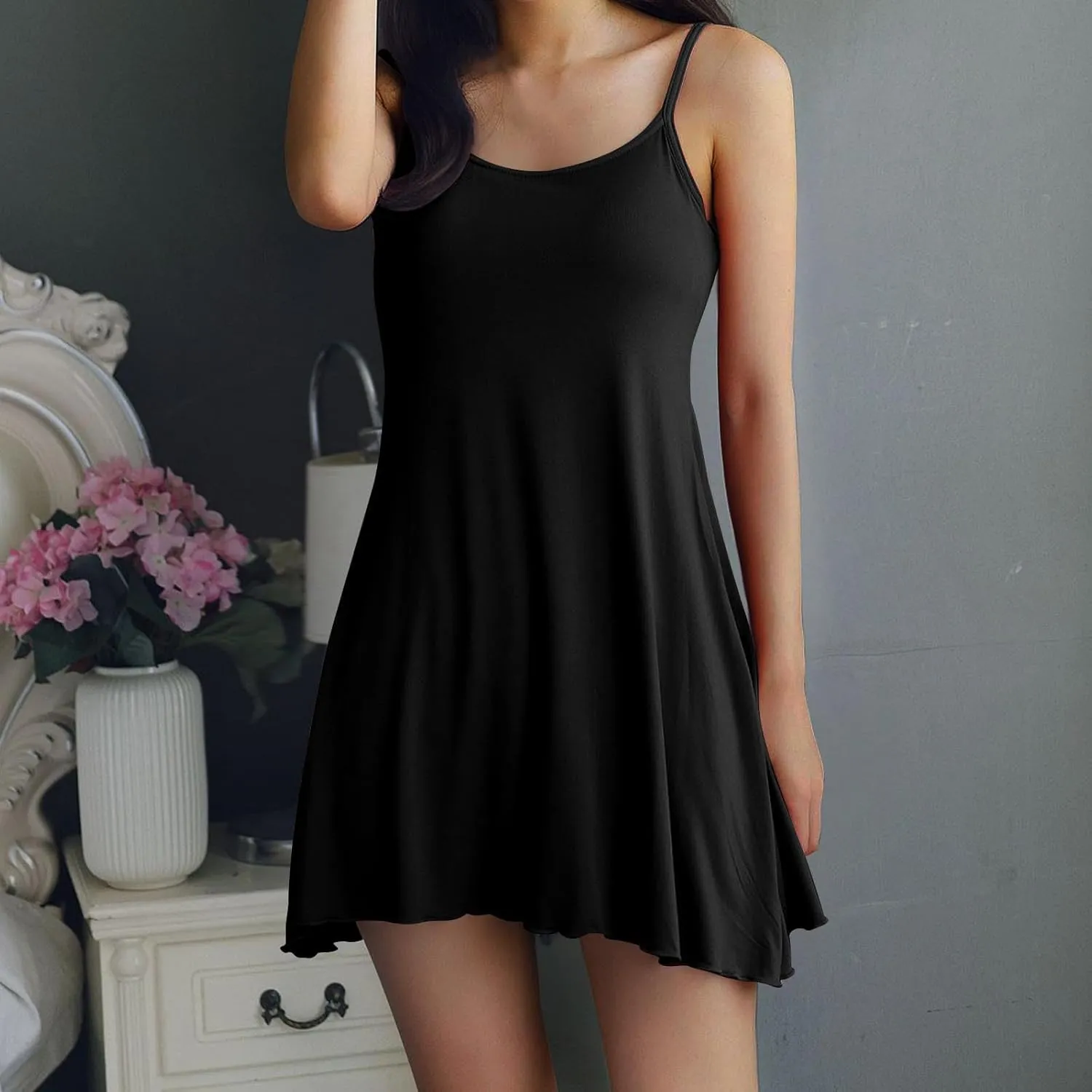 Womens Spaghetti Strap Nightgown Full Slip Sleep Dress with Built in Bra Sleepwear Sexy Soft Nighties Cami Dress