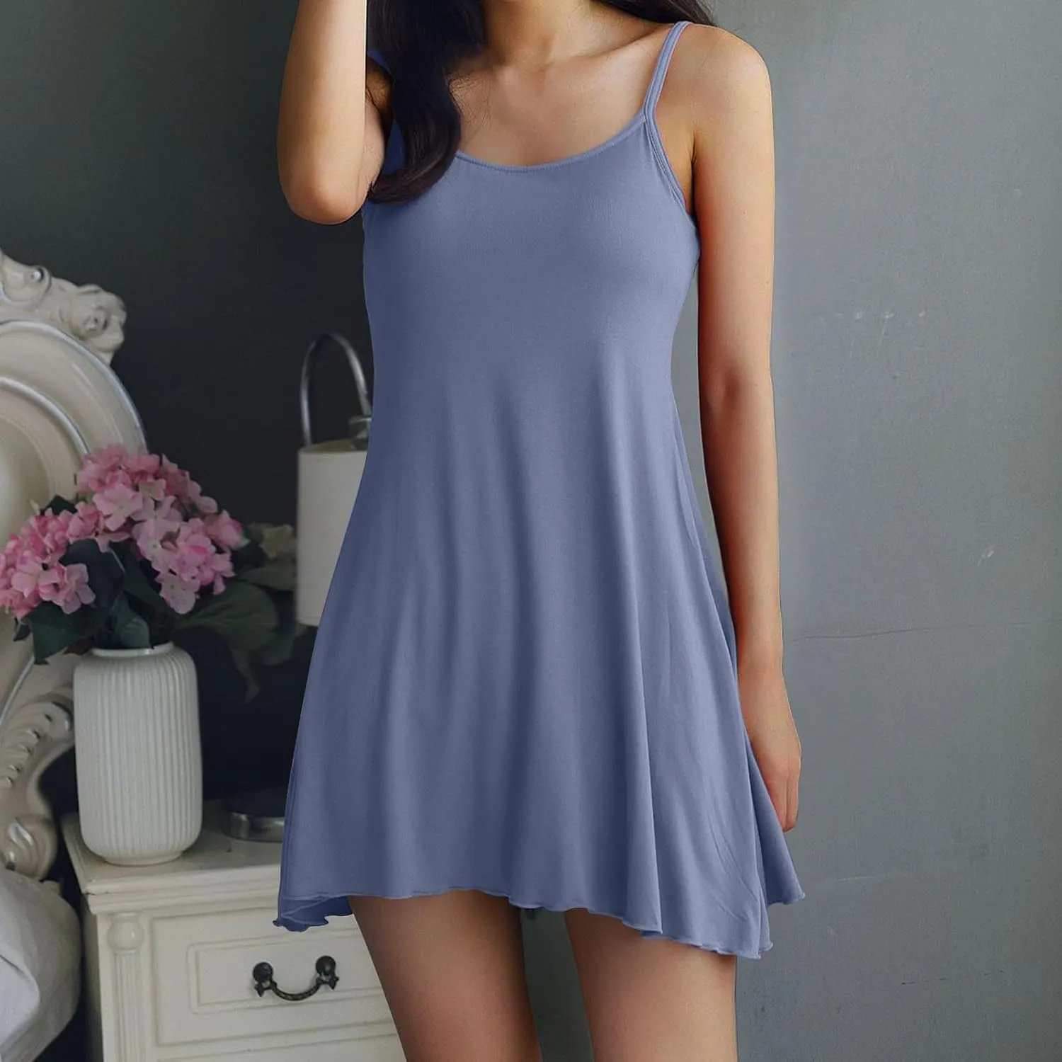 Womens Spaghetti Strap Nightgown Full Slip Sleep Dress with Built in Bra Sleepwear Sexy Soft Nighties Cami Dress