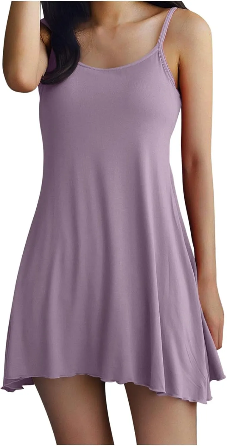 Womens Spaghetti Strap Nightgown Full Slip Sleep Dress with Built in Bra Sleepwear Sexy Soft Nighties Cami Dress