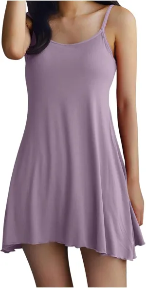 Womens Spaghetti Strap Nightgown Full Slip Sleep Dress with Built in Bra Sleepwear Sexy Soft Nighties Cami Dress