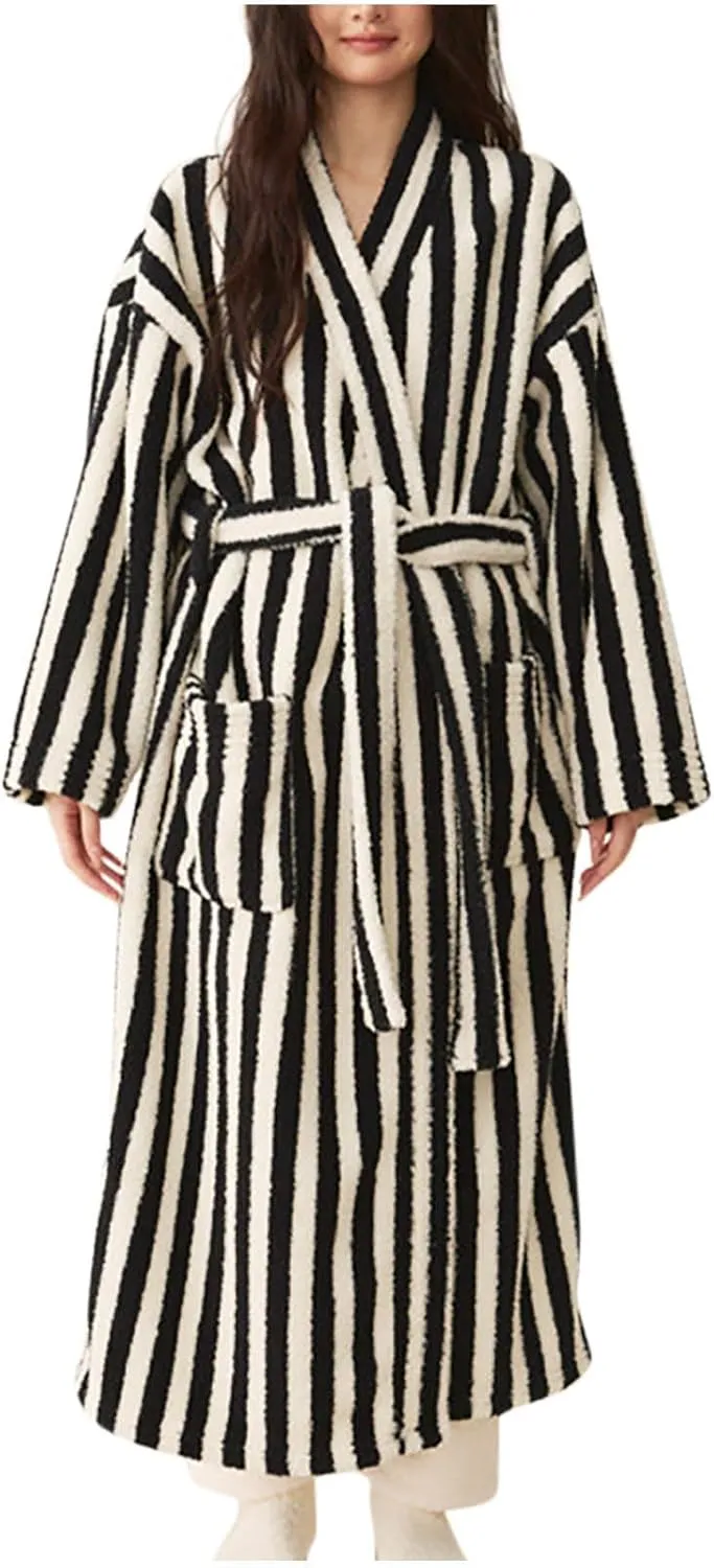 Womens Striped Robe Fleece Plush Soft Fluffy Fuzzy Cozy Winter Warm Lightweight Bathrobe, Shower Spa House Long Robe